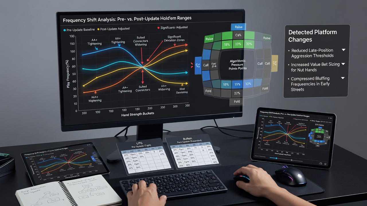 Digital poker interface displaying updated range charts and frequency statistics after algorithm changes