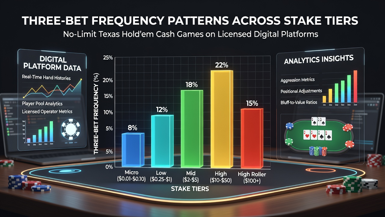 Chart displaying three-bet frequency distributions across different stake tiers in online no-limit Texas Hold'em