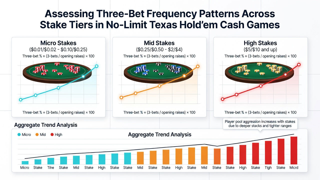 Graph comparing three-bet percentages between micro, low, mid, and high stake cash games on regulated online sites