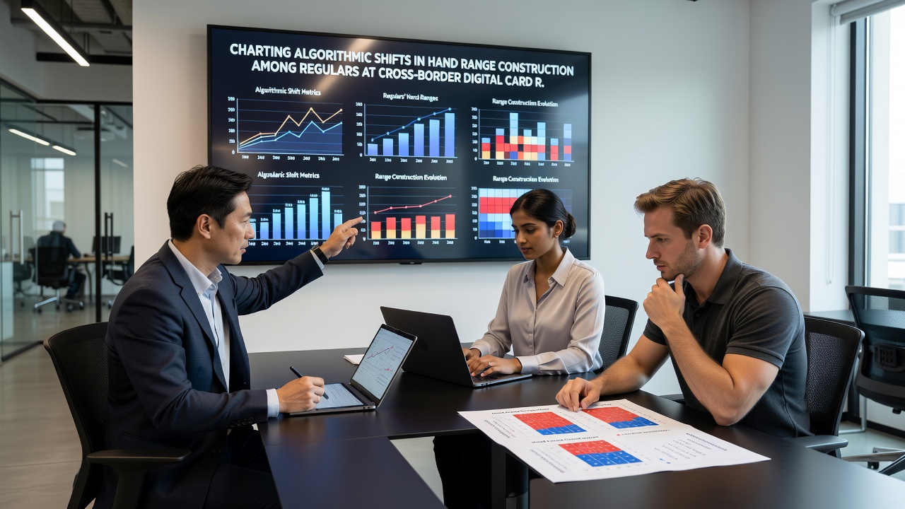 Analysis dashboard displaying hand range charts and algorithmic adjustments for online poker regulars