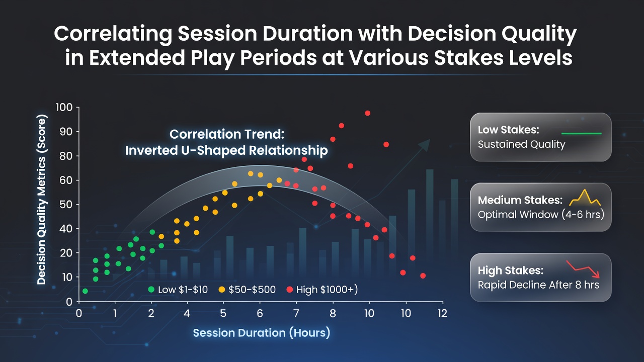 Data visualization showing session duration trends plotted against decision quality scores across poker stakes levels