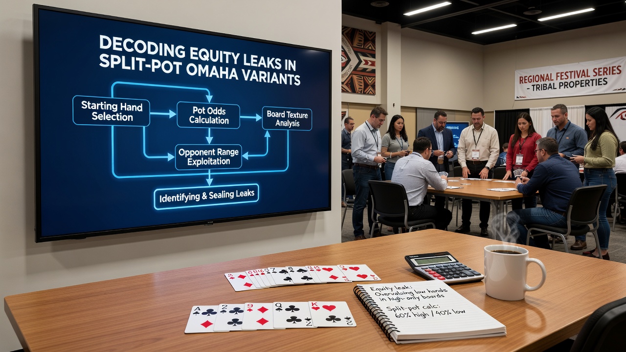 Close-up view of Omaha Hi-Lo community cards and player chips during a split-pot hand at a tribal casino event