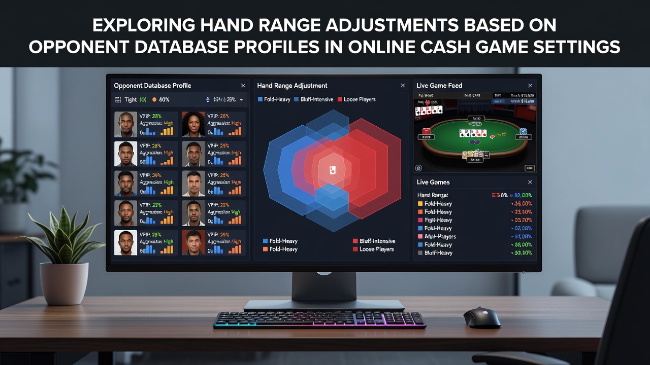 Poker player reviewing hand range statistics on a computer screen during an online cash game session