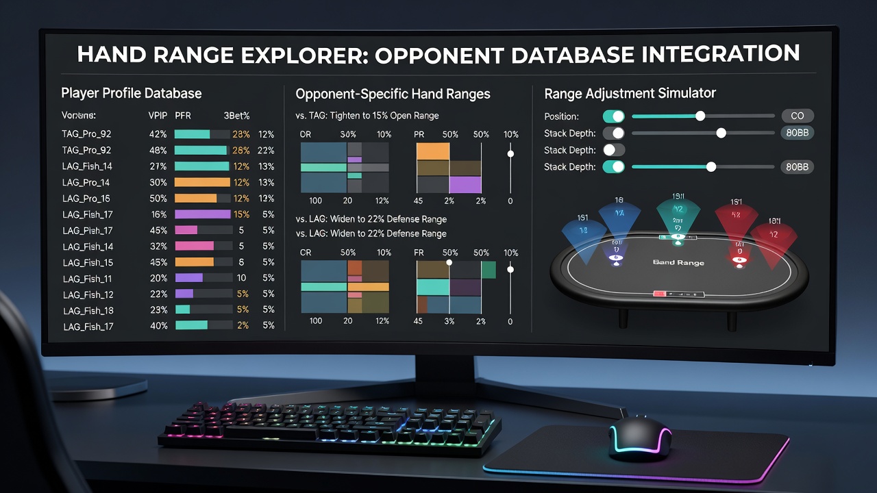 Detailed poker tracking software dashboard displaying opponent statistics and range charts