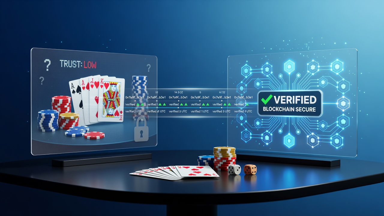 Blockchain verification interface displayed on an online poker platform dashboard showing transaction hashes and fairness proofs