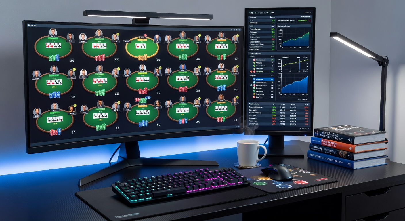 Multiple online poker tables displayed simultaneously on a high-resolution monitor setup, showcasing HUD overlays and player stats in a professional multi-tabling environment