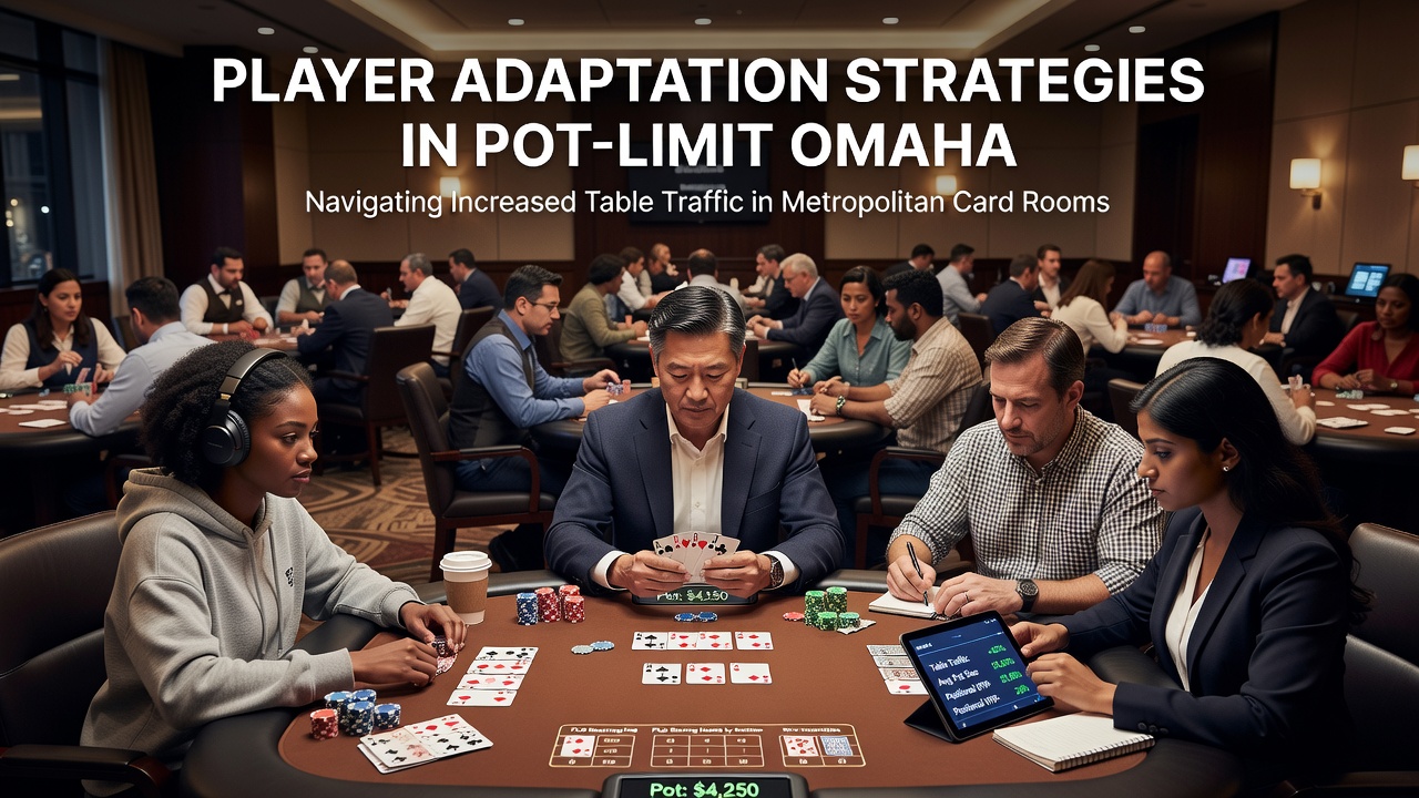Players adjusting strategies at crowded pot-limit Omaha tables in a busy metropolitan card room
