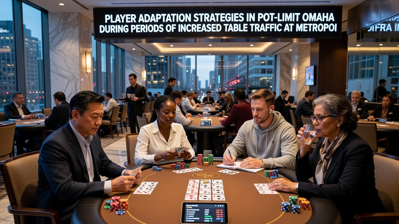 Detailed view of pot-limit Omaha action with multiple players engaged at a metropolitan card room table