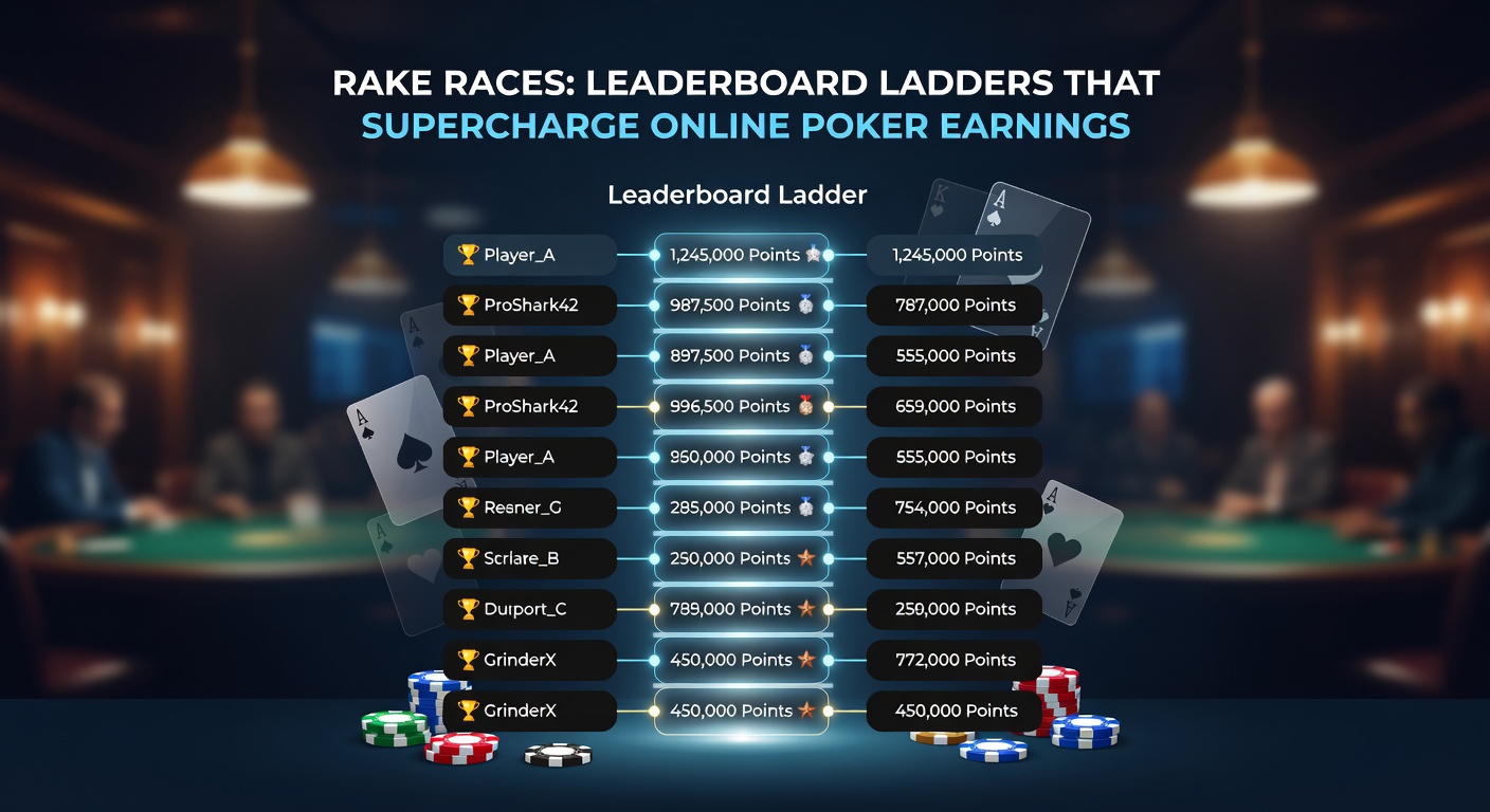 Close-up of a poker rake race dashboard highlighting top earners and their accumulated points in a live competition