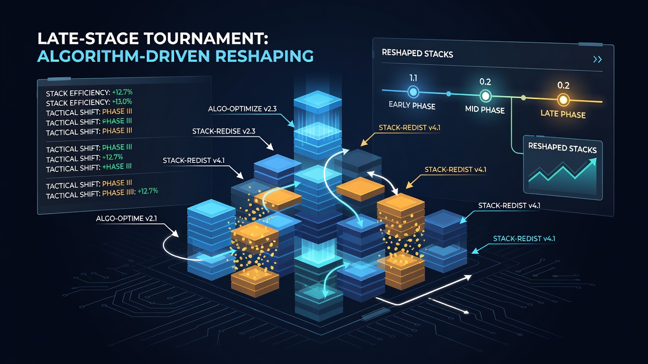 Player dashboard showing stack management analytics overlaid on a live online tournament table