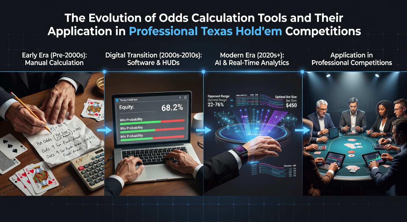 Historical timeline showing early poker odds charts evolving into modern digital calculation interfaces used in Texas Hold'em analysis