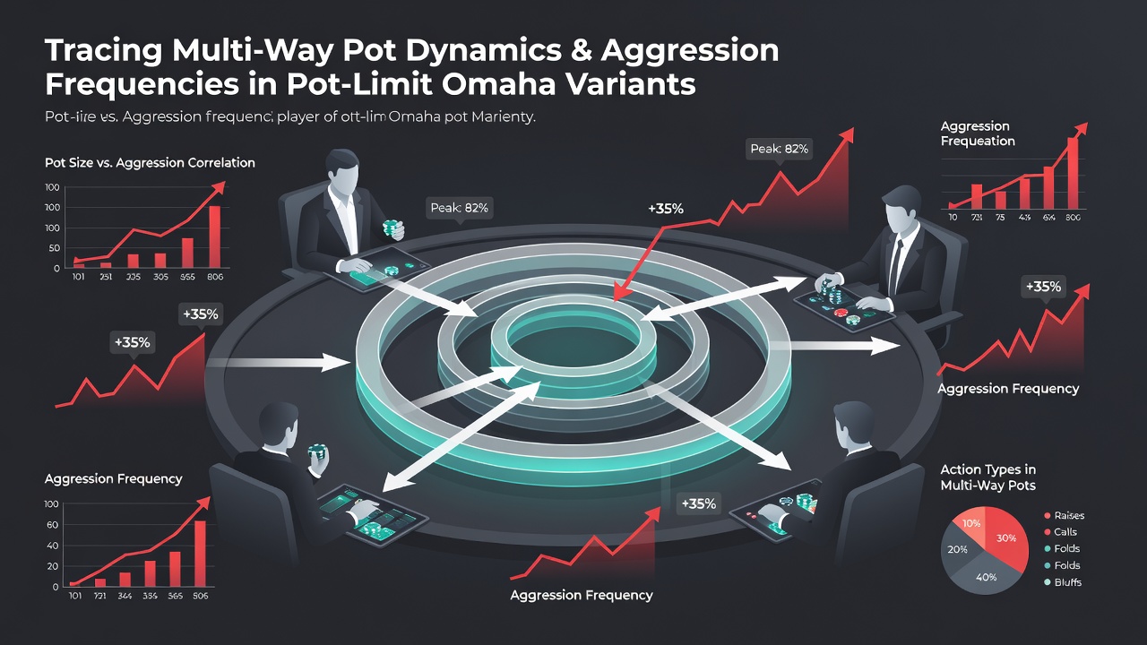 Analytics dashboard displaying aggression frequency charts for multi-way PLO pots across different online platforms
