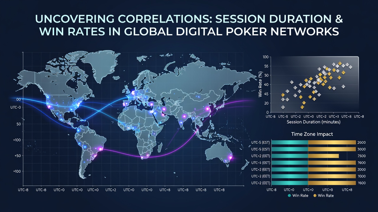 Global digital poker network interface displaying session analytics across multiple time zones with win rate overlays